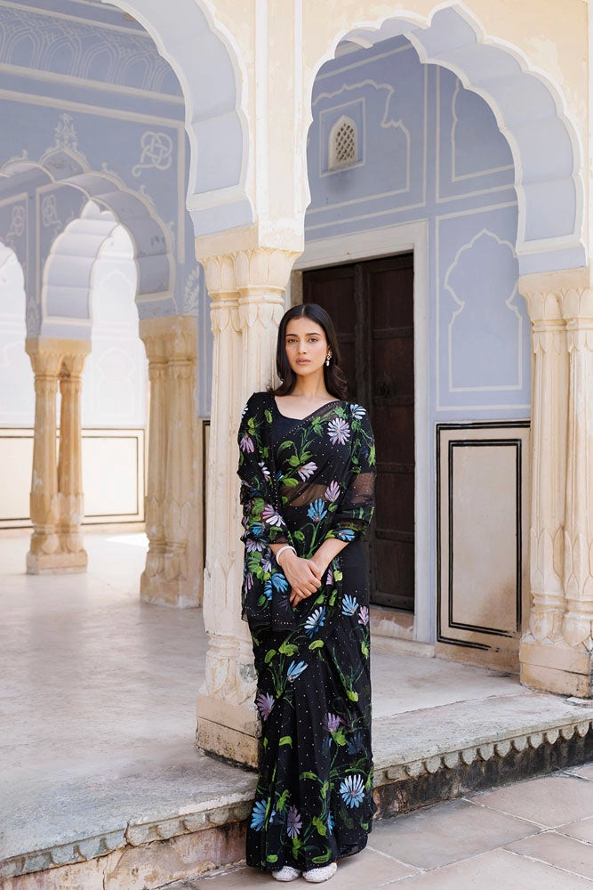 Black Hand Painted Ready To Wear Chiffon Mukaish Saree