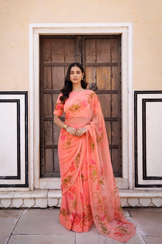 Sara Ali Khan in Peach Hand Painted Ready to Wear Saree