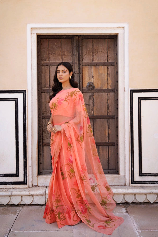 Sara Ali Khan in Peach Hand Painted Ready to Wear Saree