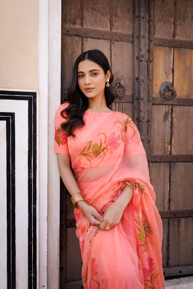 Sara Ali Khan in Peach Hand Painted Ready to Wear Saree