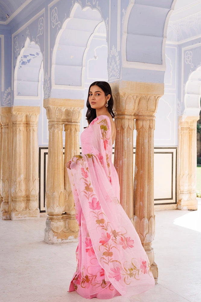 Pink Hand Painted Ready to Wear Saree