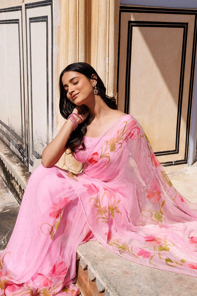 Pink Hand Painted Ready to Wear Saree
