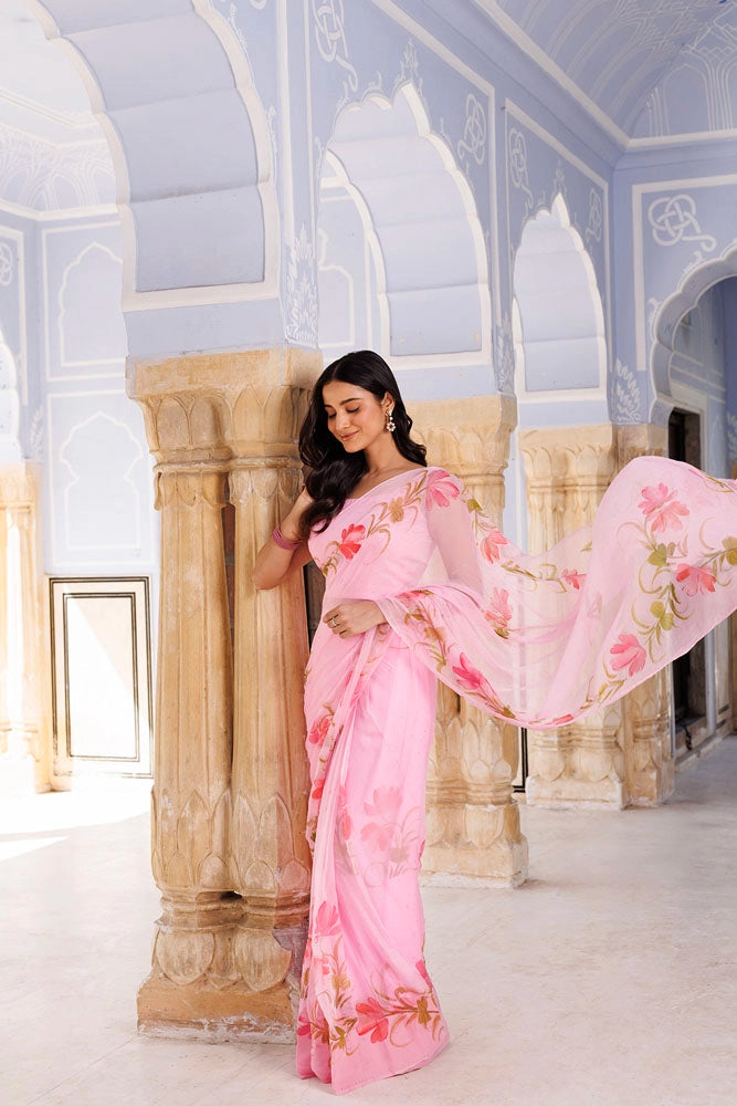 Pink Hand Painted Ready to Wear Saree