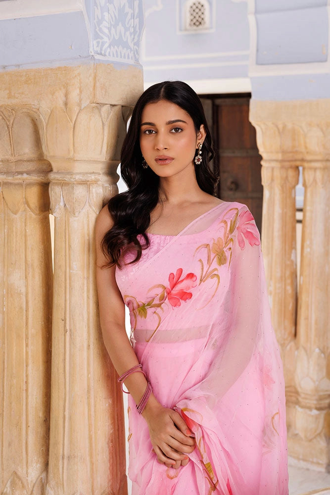 Pink Hand Painted Ready To Wear Chiffon Mukaish Saree