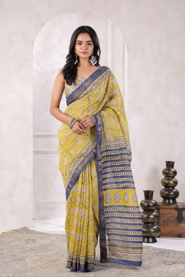 Yellow Hand Block Printed Pure Chanderi Silk Saree