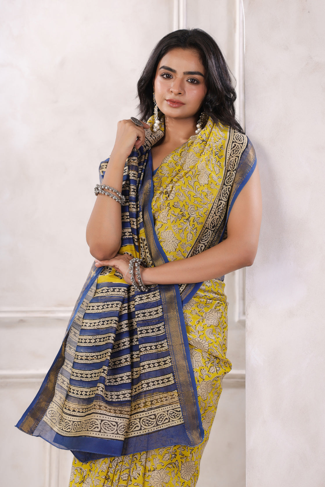 Yellow Hand Block Printed Bagru Pure Chanderi Sustainable Saree