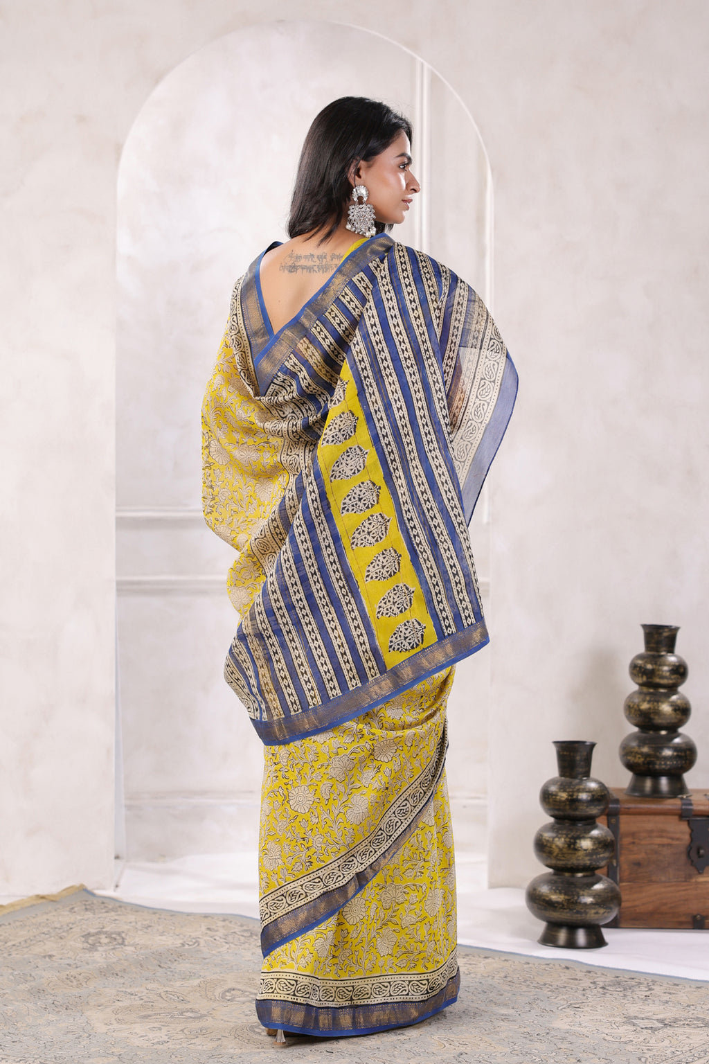 Yellow Hand Block Printed Bagru Pure Chanderi Sustainable Saree