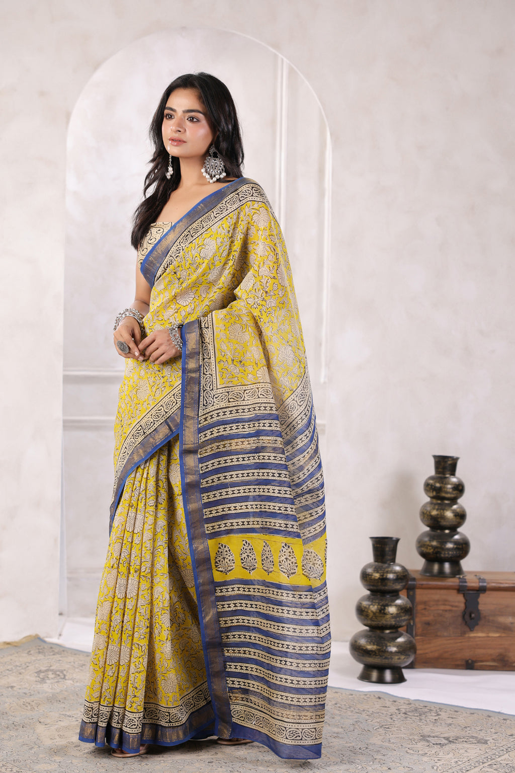 Yellow Hand Block Printed Bagru Pure Chanderi Sustainable Saree