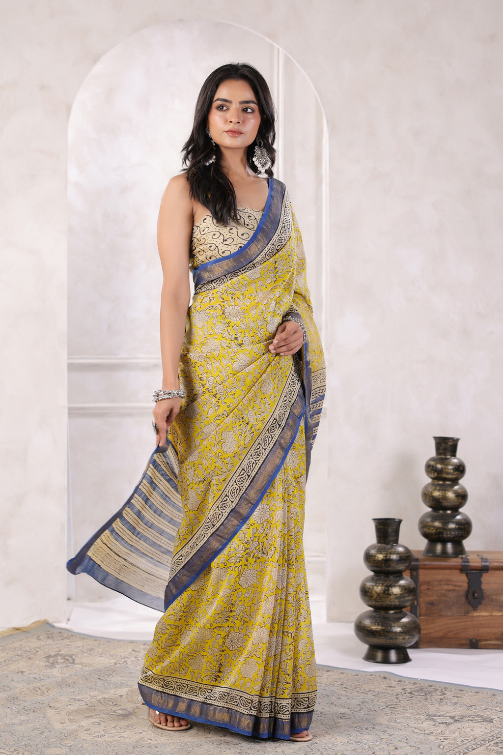 Yellow Hand Block Printed Bagru Pure Chanderi Sustainable Saree