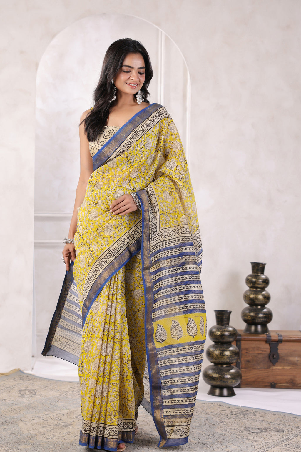 Yellow Hand Block Printed Bagru Pure Chanderi Sustainable Saree