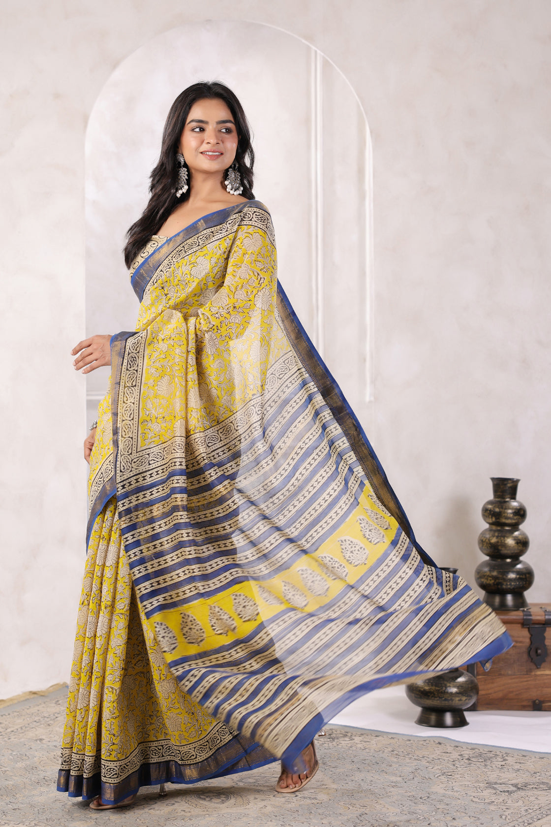 Yellow Hand Block Printed Bagru Pure Chanderi Sustainable Saree