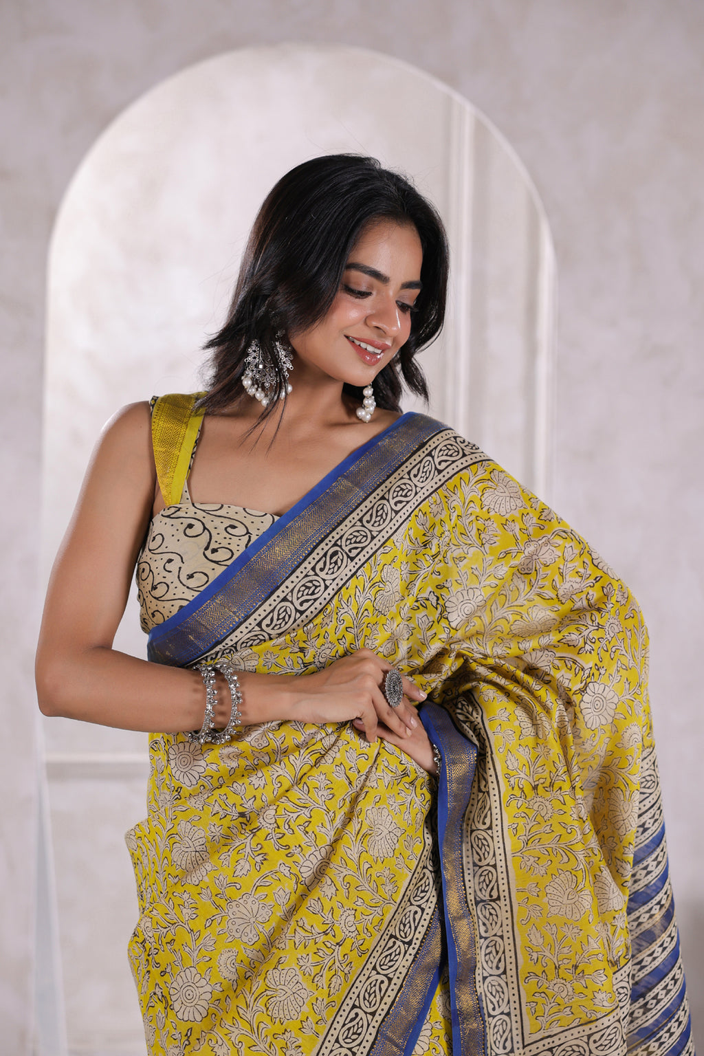 Yellow Hand Block Printed Bagru Pure Chanderi Sustainable Saree