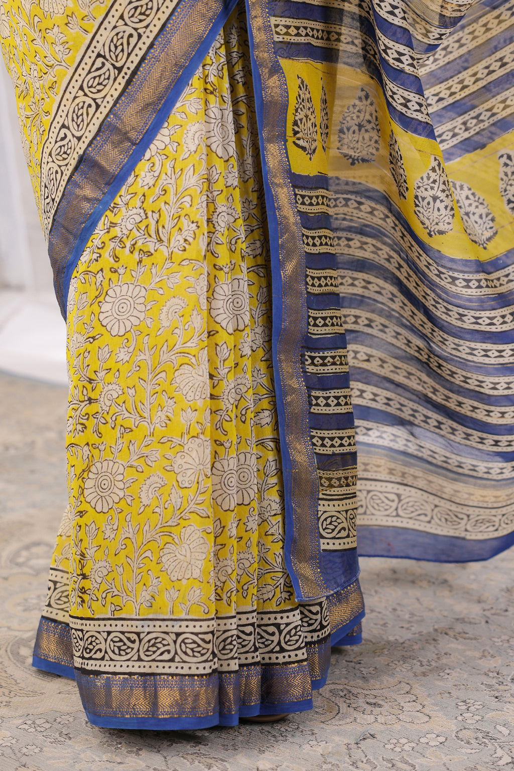 Yellow Hand Block Printed Bagru Pure Chanderi Sustainable Saree