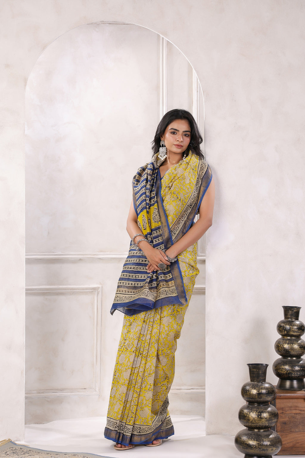 Yellow Hand Block Printed Bagru Pure Chanderi Sustainable Saree