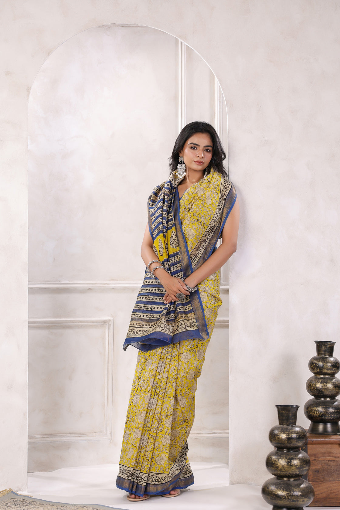 Yellow Hand Block Printed Bagru Pure Chanderi Sustainable Saree