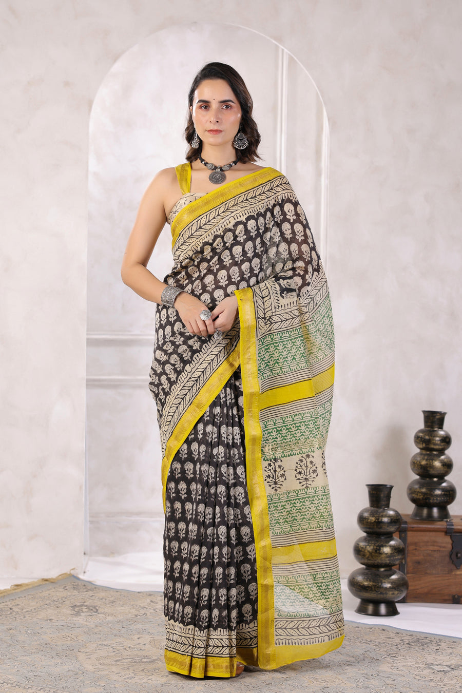 Black Hand-Block Printed Zari Border Chanderi Saree