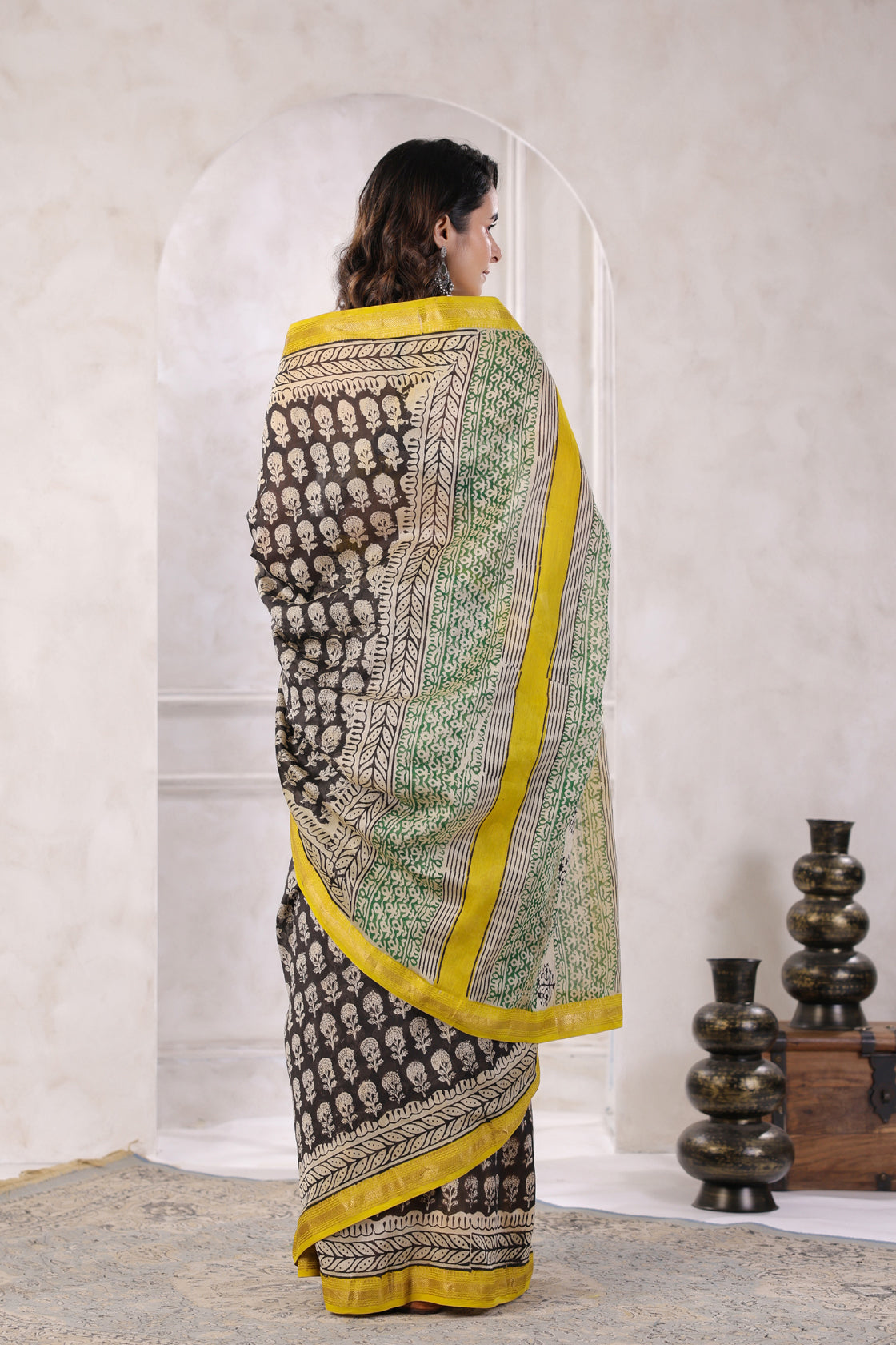 Black Hand-Block Printed Zari Border Chanderi Saree
