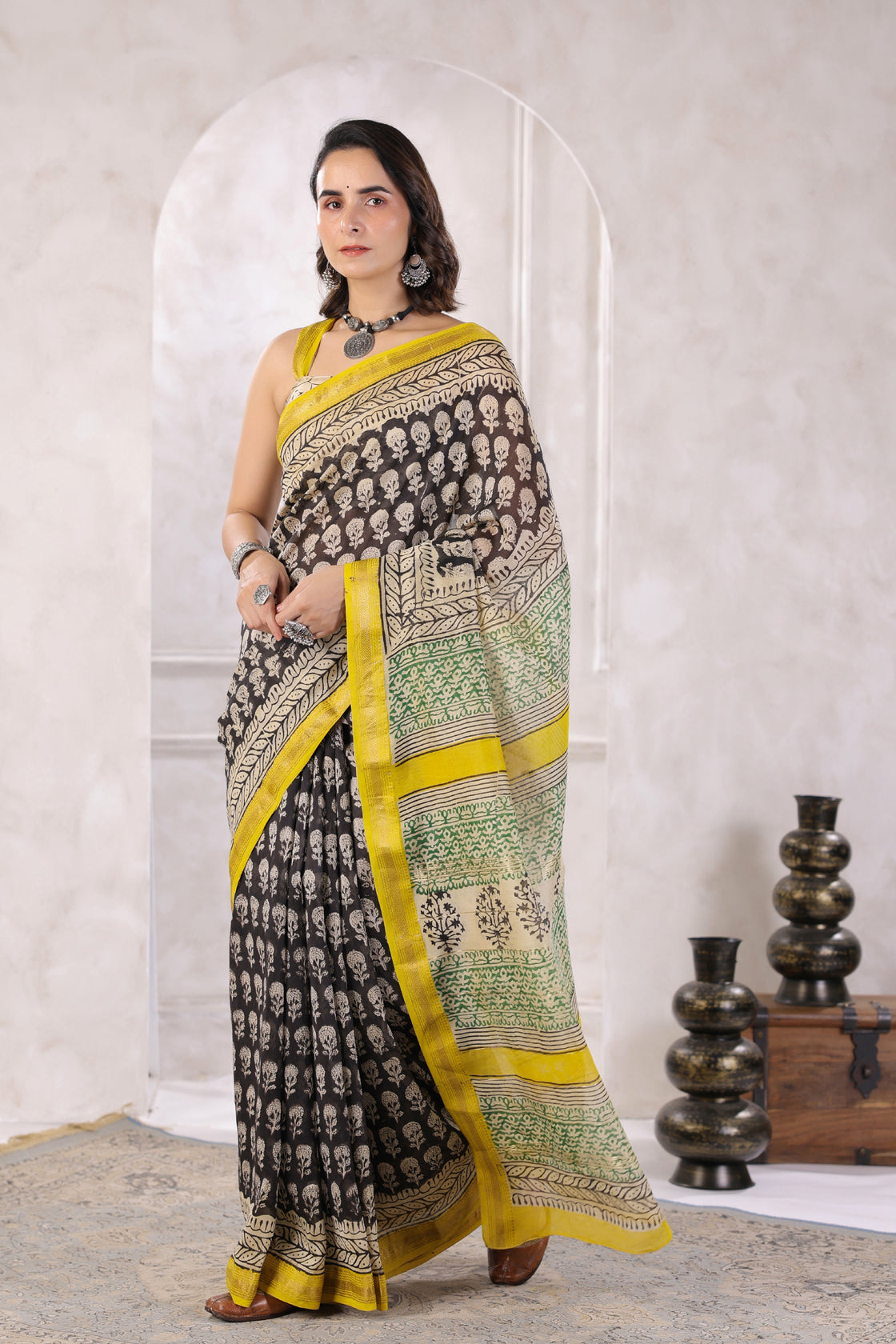 Black Hand-Block Printed Zari Border Chanderi Saree