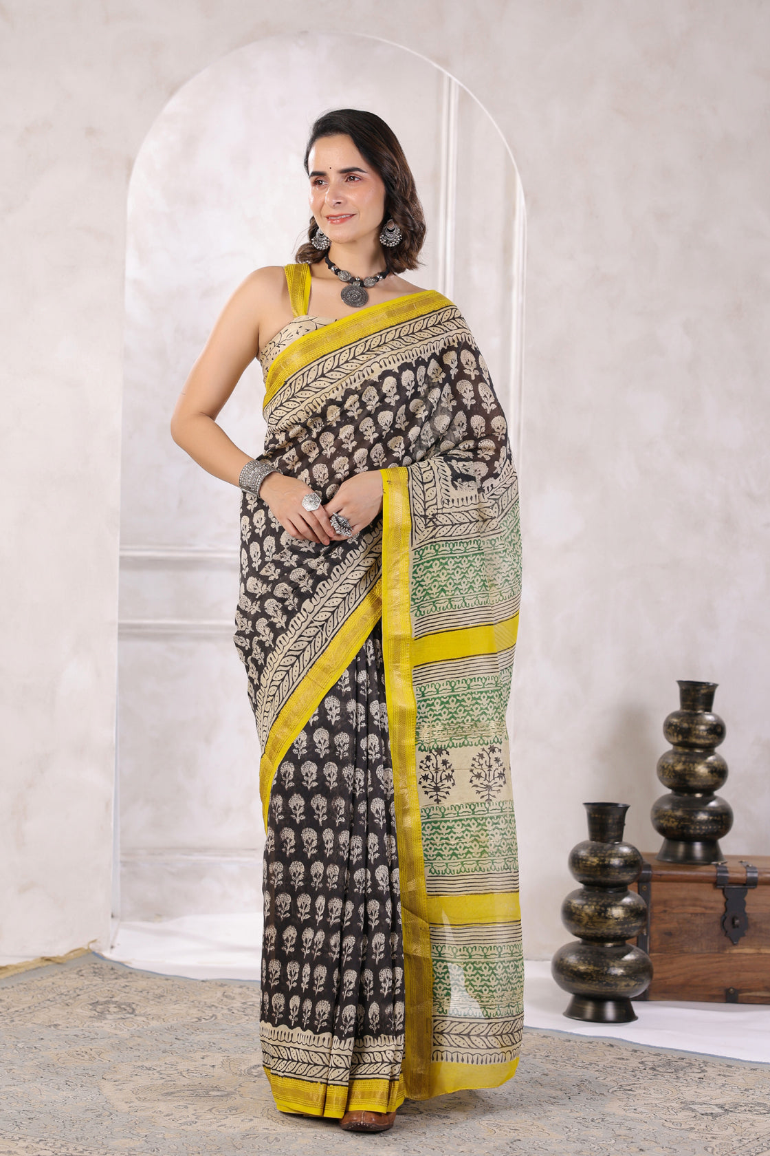 Black Hand-Block Printed Zari Border Chanderi Saree