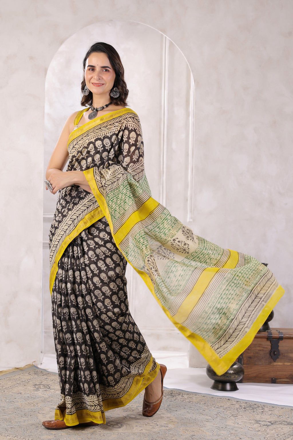 Black Hand-Block Printed Zari Border Chanderi Saree
