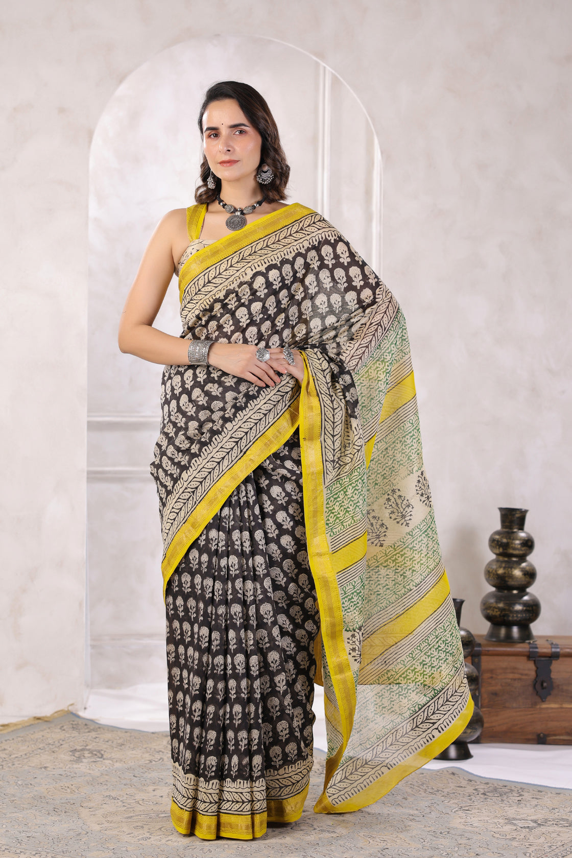 Black Hand-Block Printed Zari Border Chanderi Saree