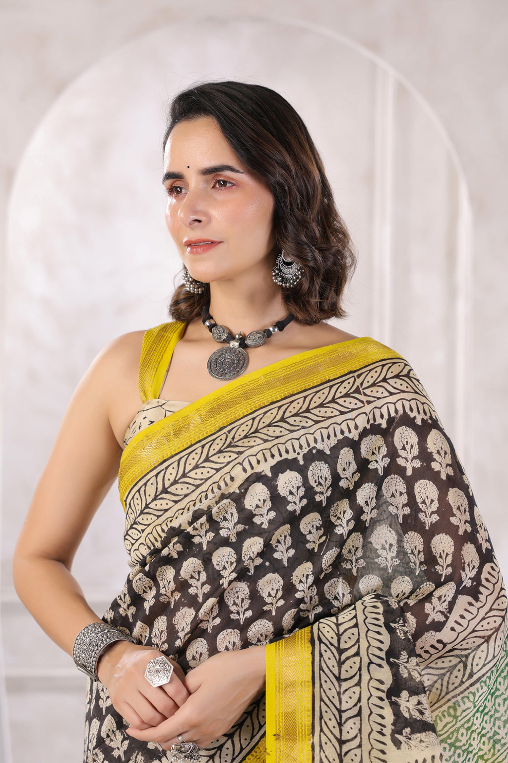 Black Hand-Block Printed Zari Border Chanderi Saree
