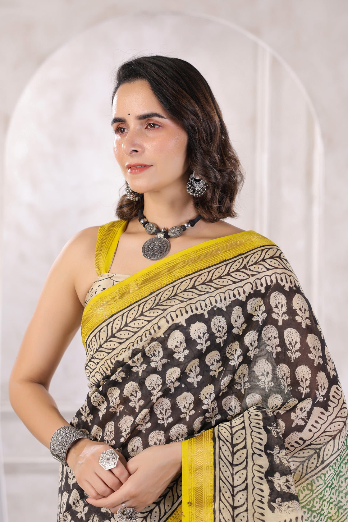 Black Hand-Block Printed Zari Border Chanderi Saree
