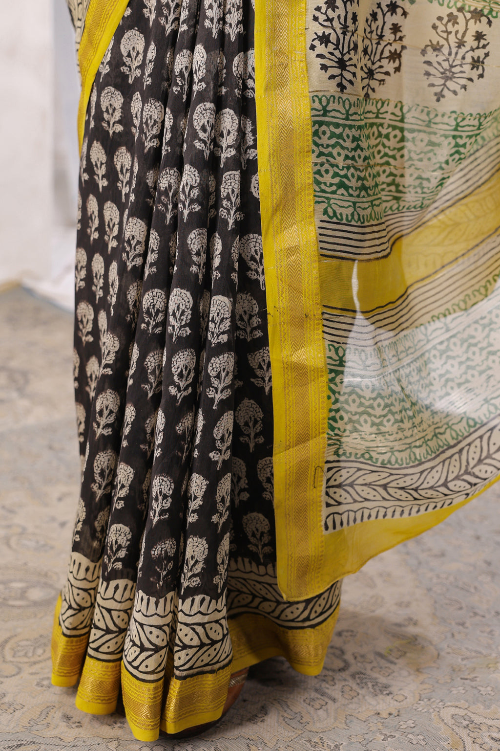 Black Hand-Block Printed Zari Border Chanderi Saree
