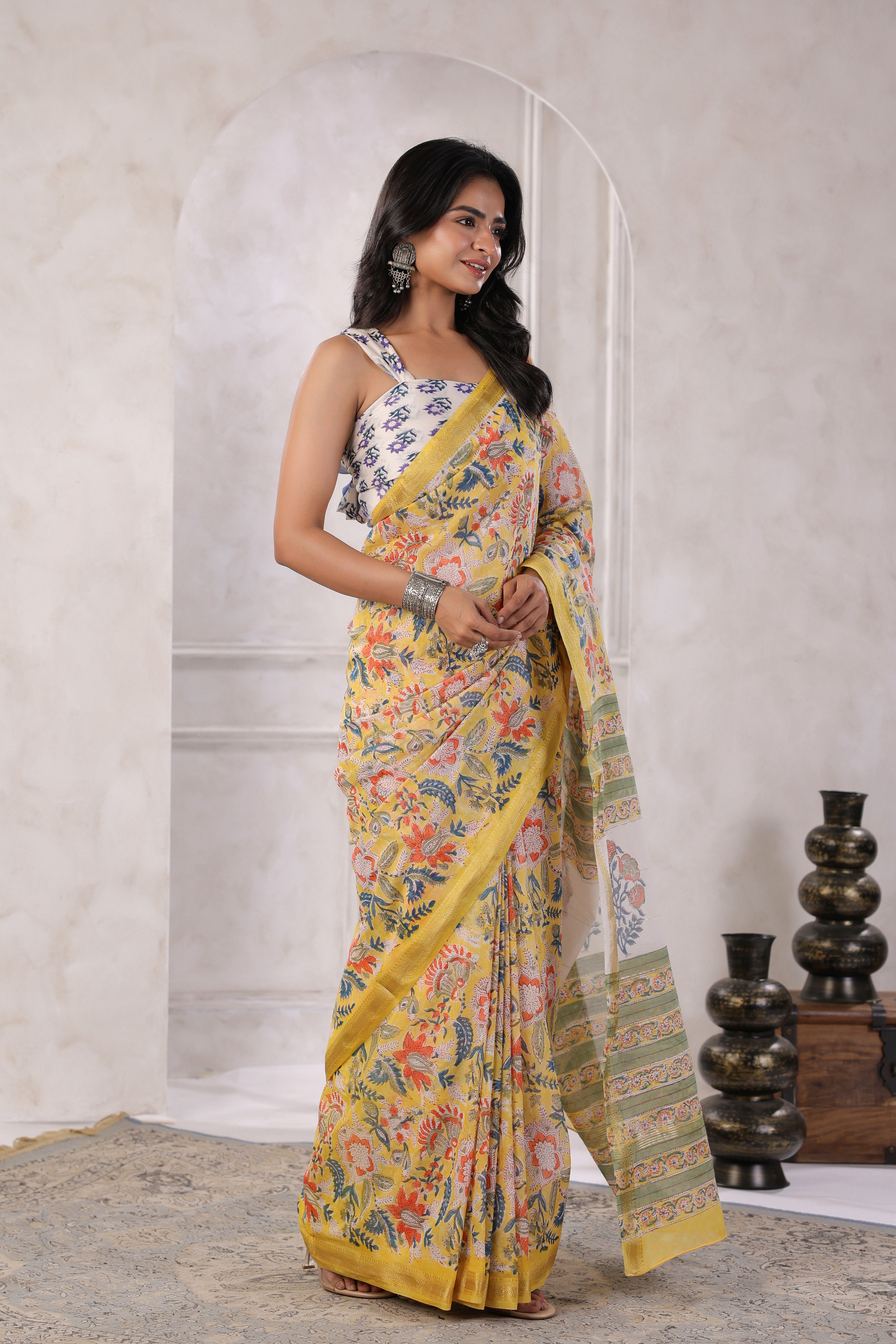 Yellow Hand Block Printed Bagru Pure Chanderi Sustainable Saree
