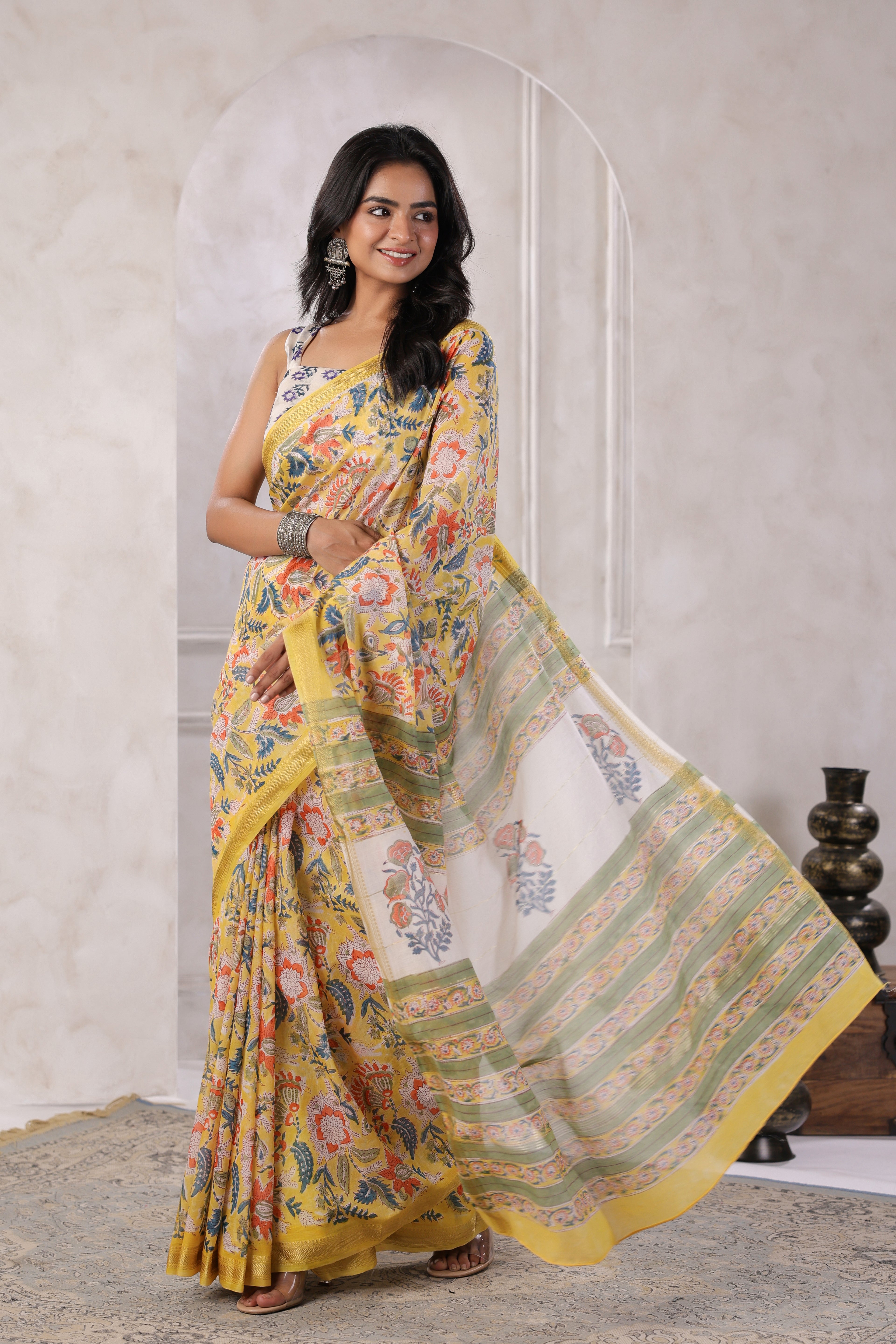 Yellow Hand Block Printed Bagru Pure Chanderi Sustainable Saree