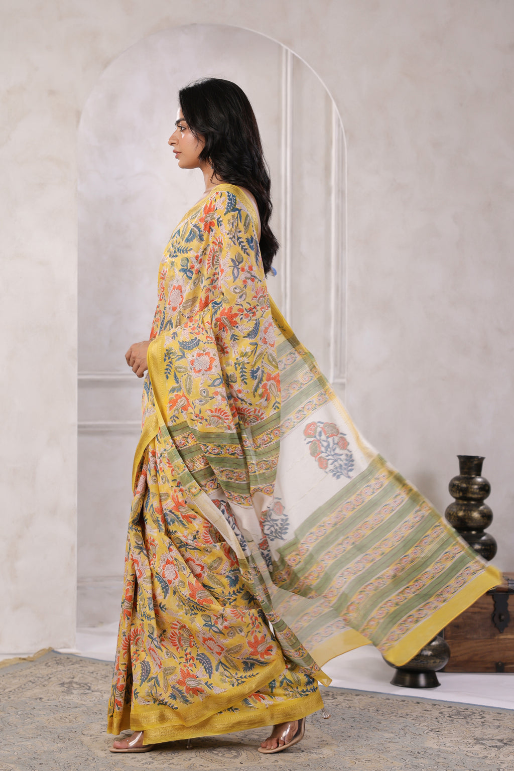 Yellow Hand Block Printed Bagru Pure Chanderi Sustainable Saree