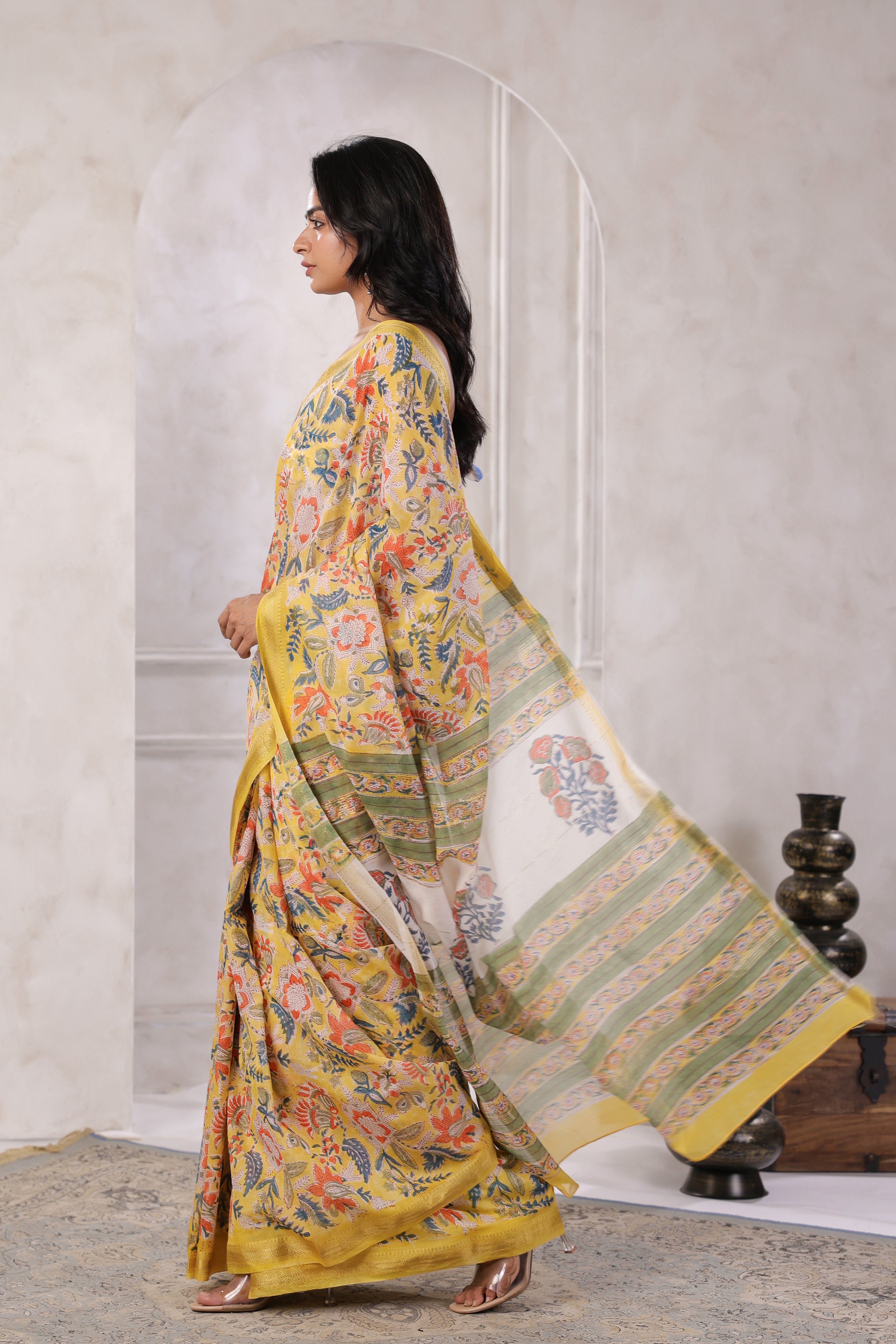 Yellow Hand Block Printed Bagru Pure Chanderi Sustainable Saree