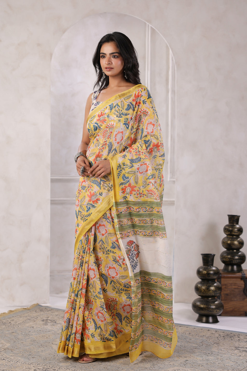 Yellow Hand Block Printed Bagru Pure Chanderi Sustainable Saree