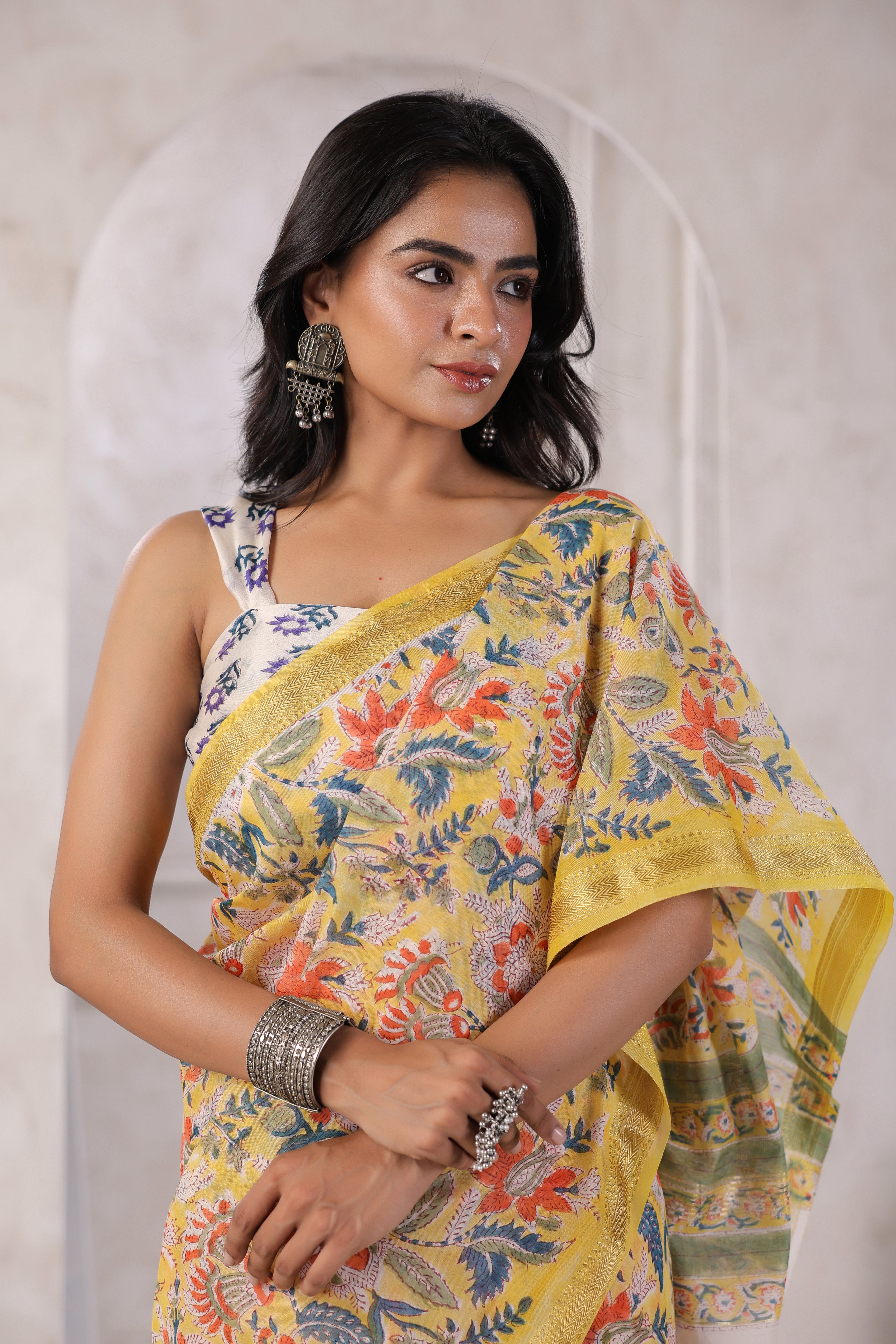 Yellow Hand Block Printed Bagru Pure Chanderi Sustainable Saree