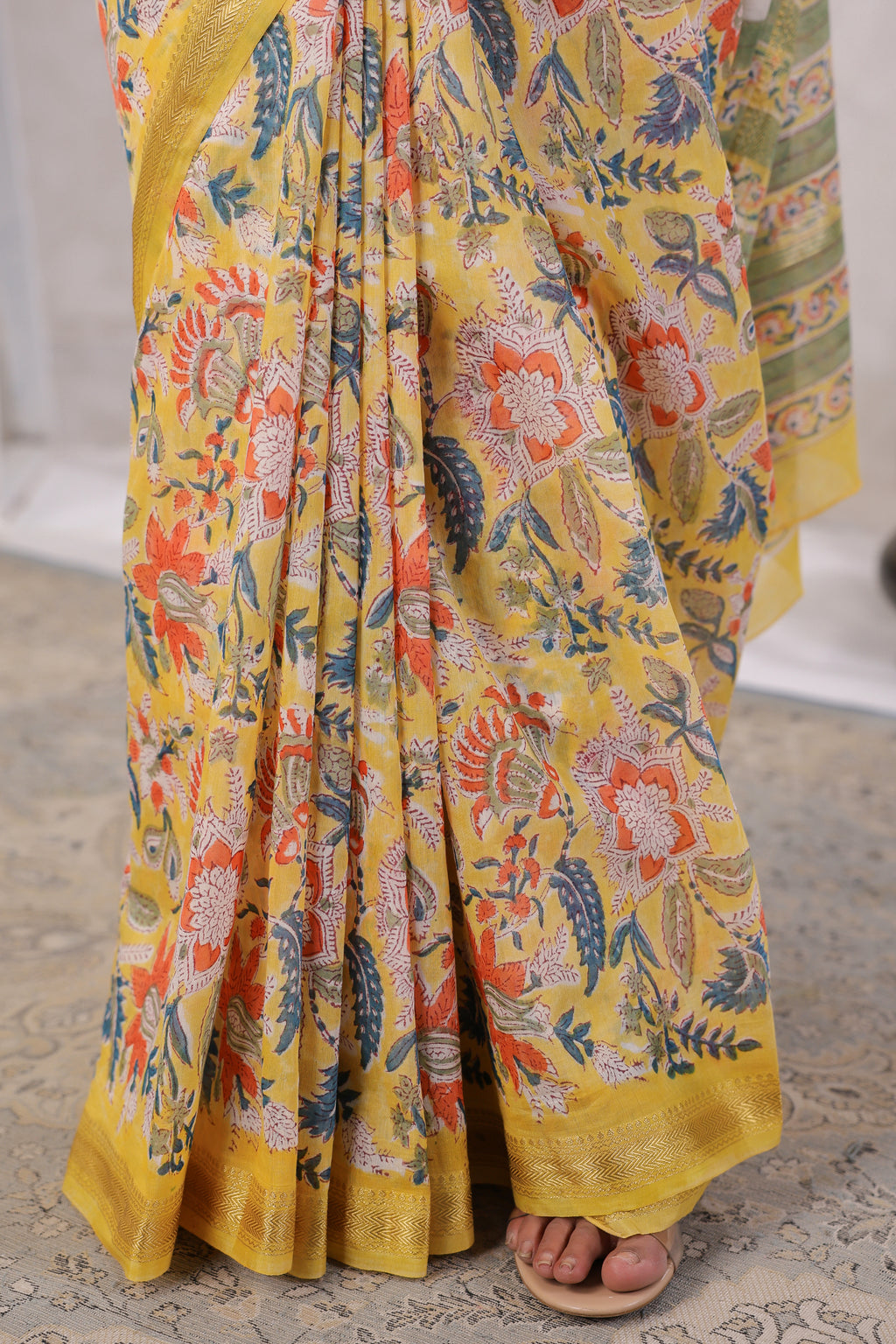 Yellow Hand Block Printed Bagru Pure Chanderi Sustainable Saree