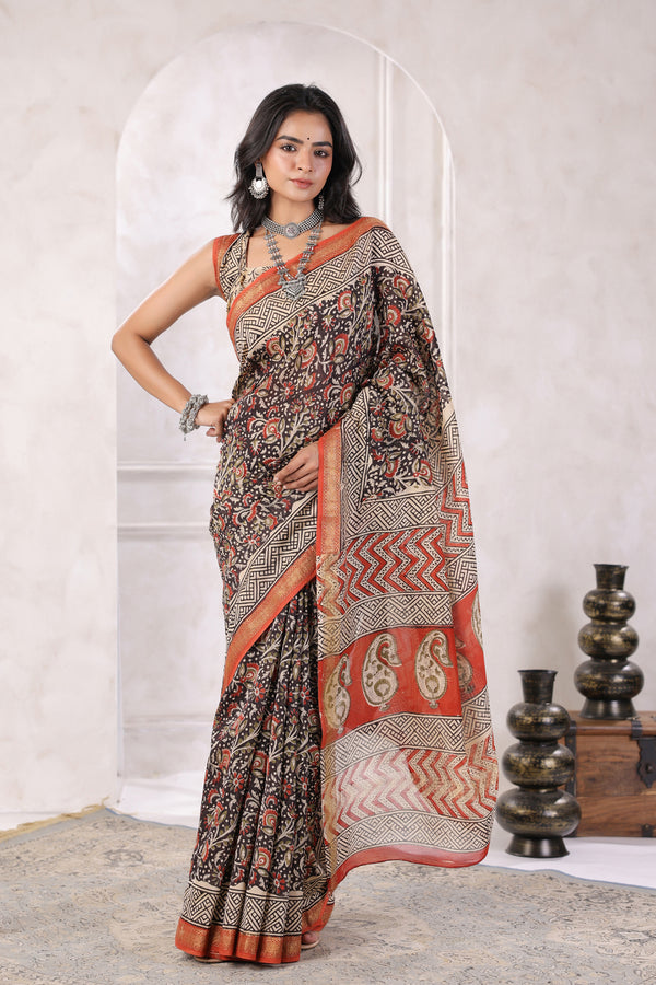 Black Hand Block Printed Floral Chanderi Silk Saree