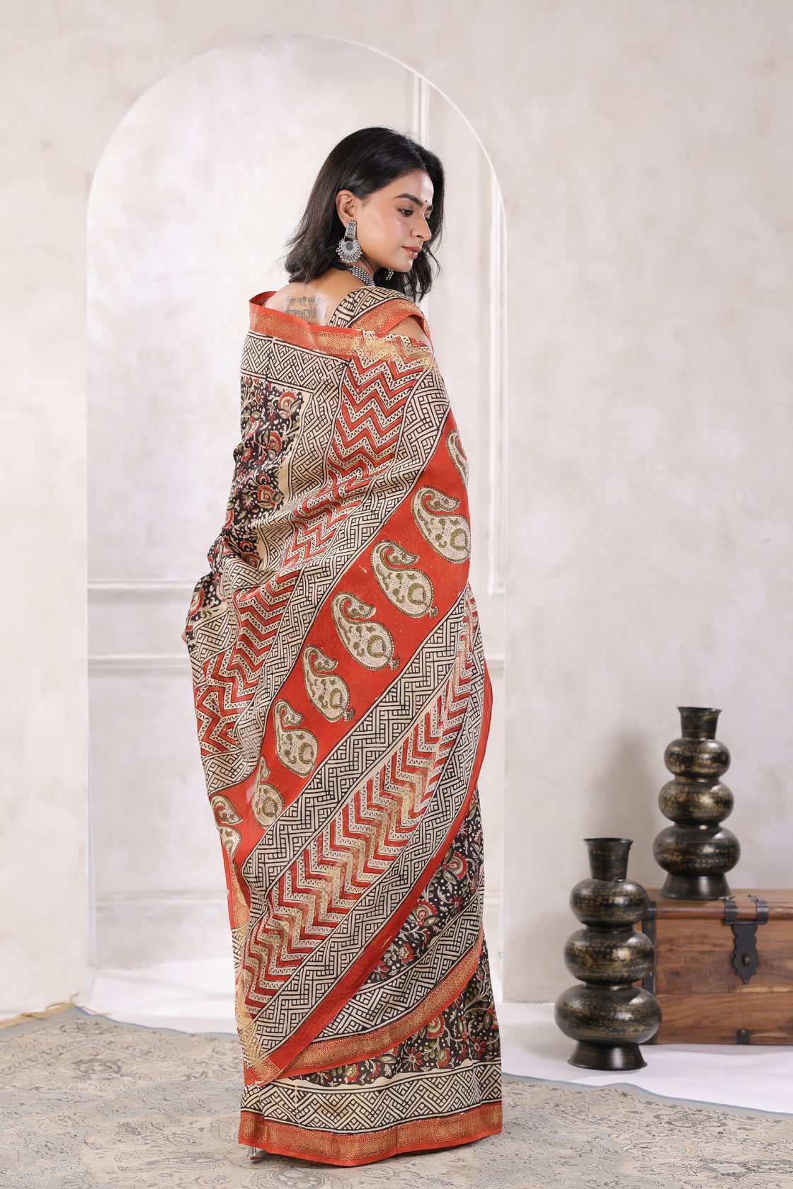 Black Hand Block Printed Bagru Pure Chanderi Sustainable Saree