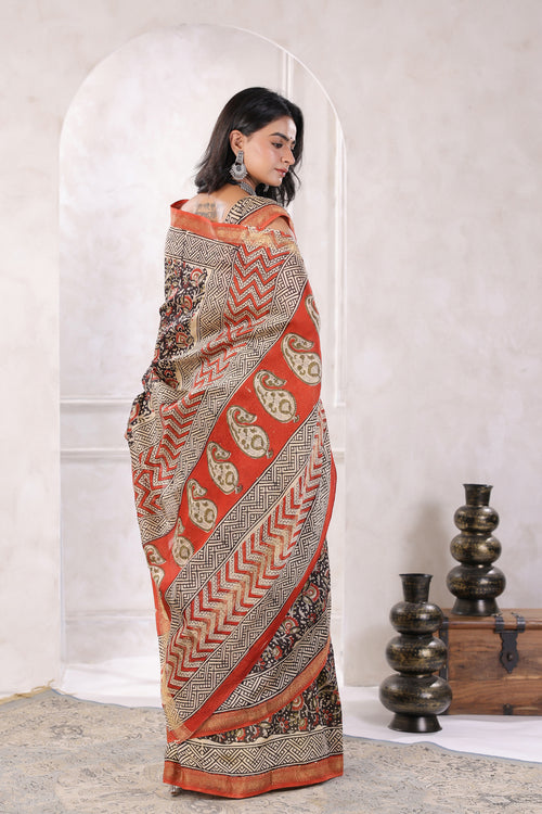 Black Hand Block Printed Bagru Pure Chanderi Sustainable Saree