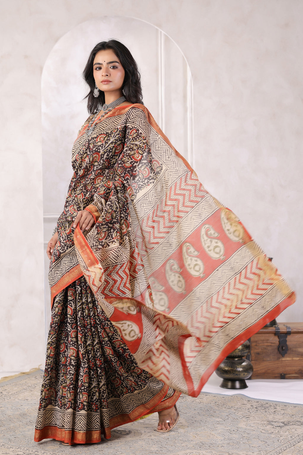 Black Hand Block Printed Bagru Pure Chanderi Sustainable Saree