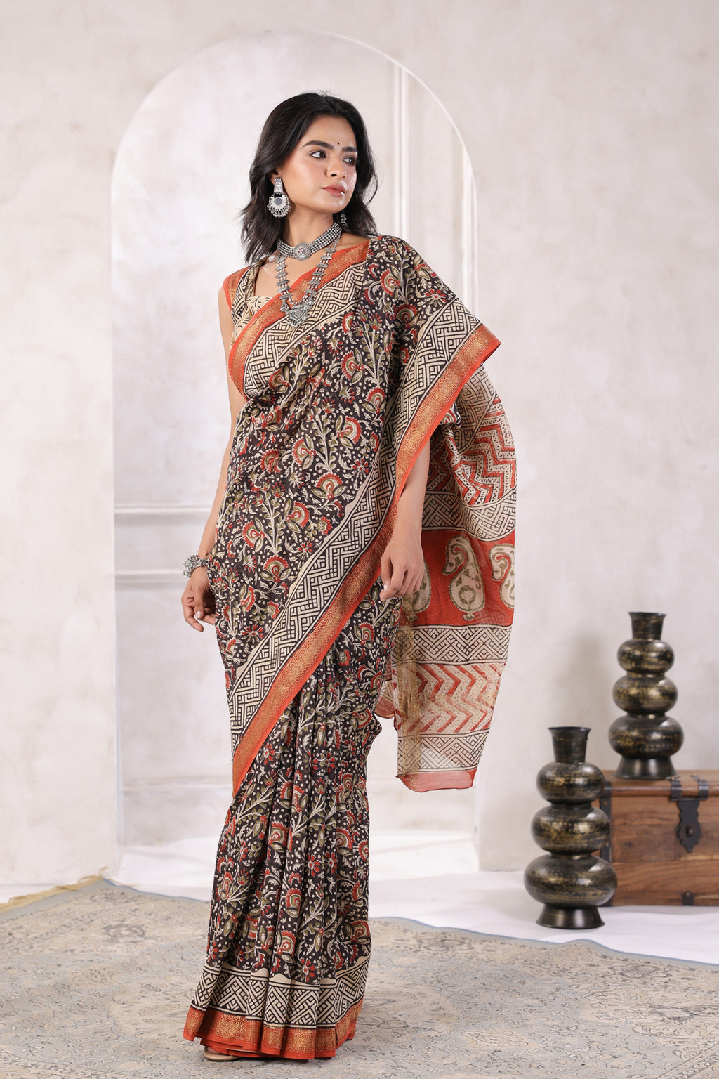 Black Hand Block Printed Bagru Pure Chanderi Sustainable Saree