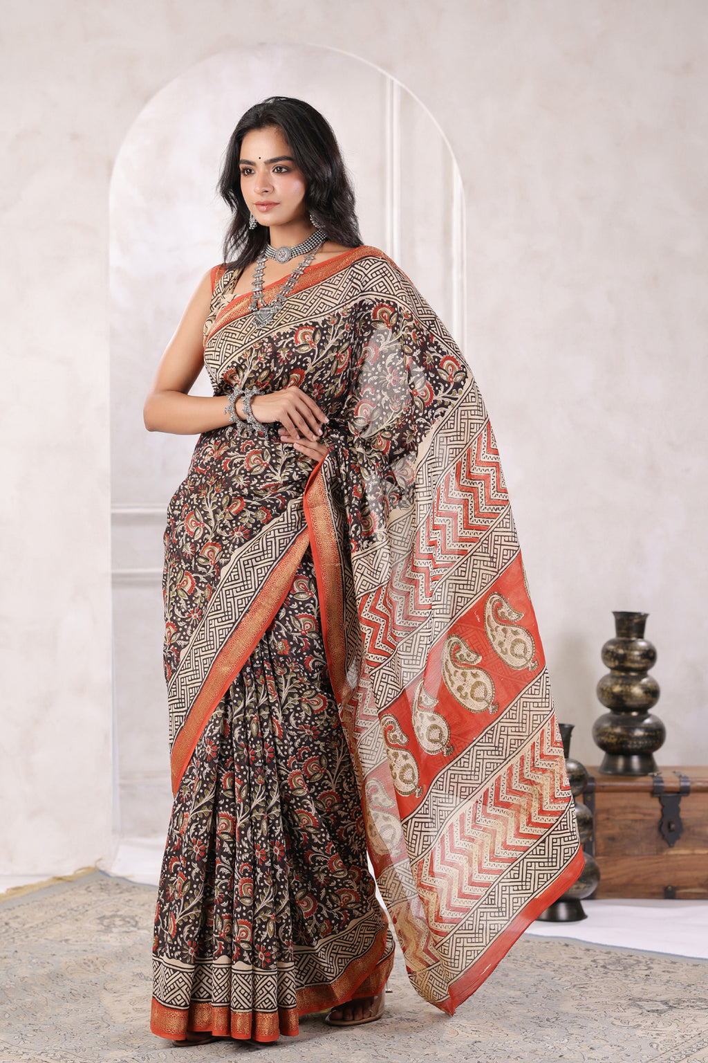 Black Hand Block Printed Bagru Pure Chanderi Sustainable Saree