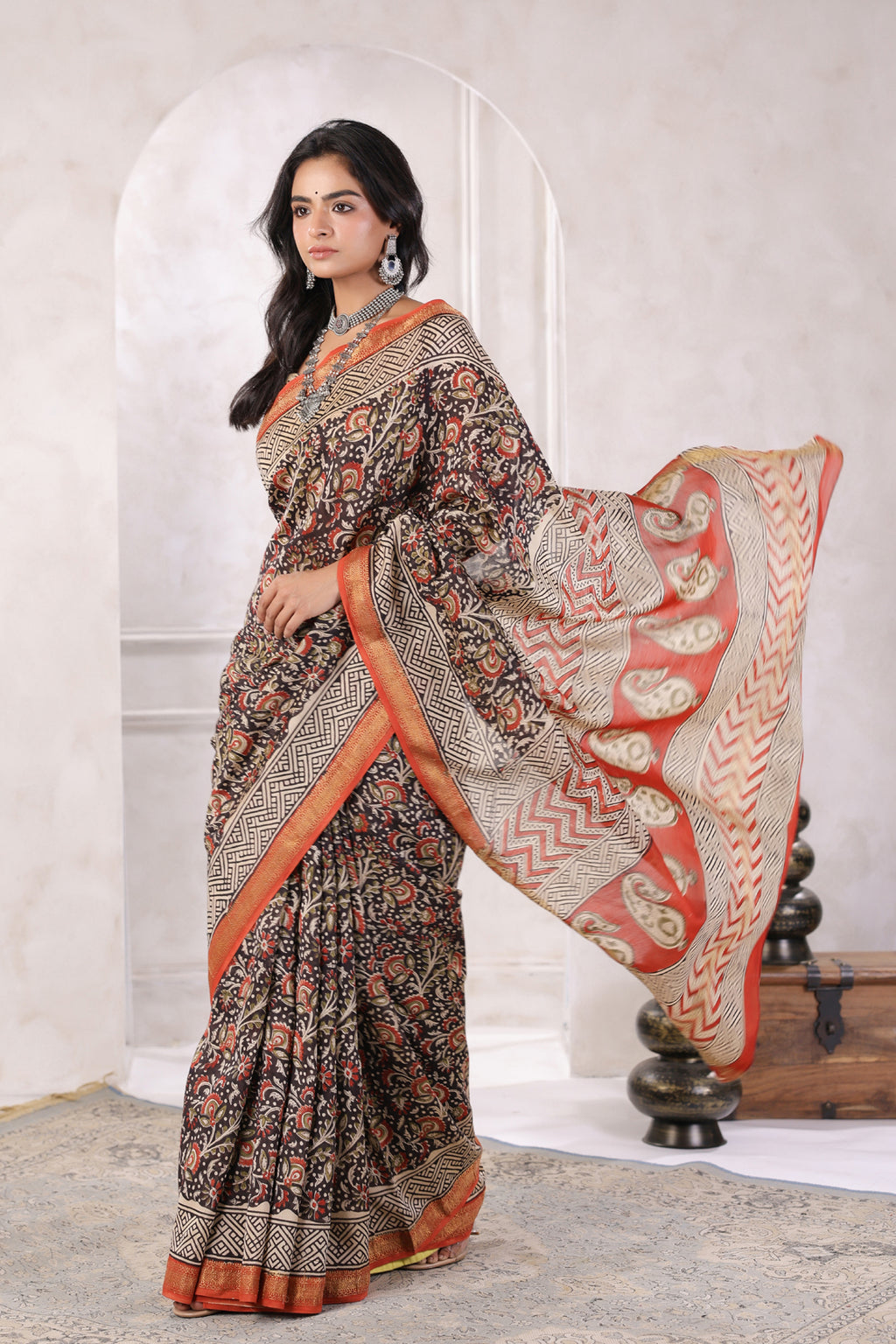 Black Hand Block Printed Bagru Pure Chanderi Sustainable Saree