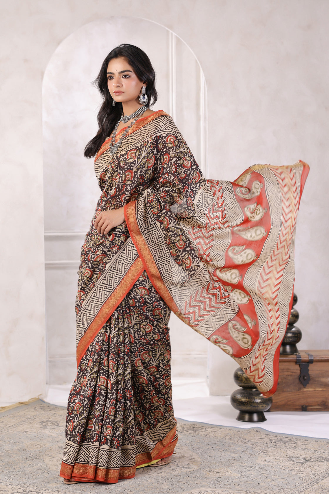 Black Hand Block Printed Bagru Pure Chanderi Sustainable Saree