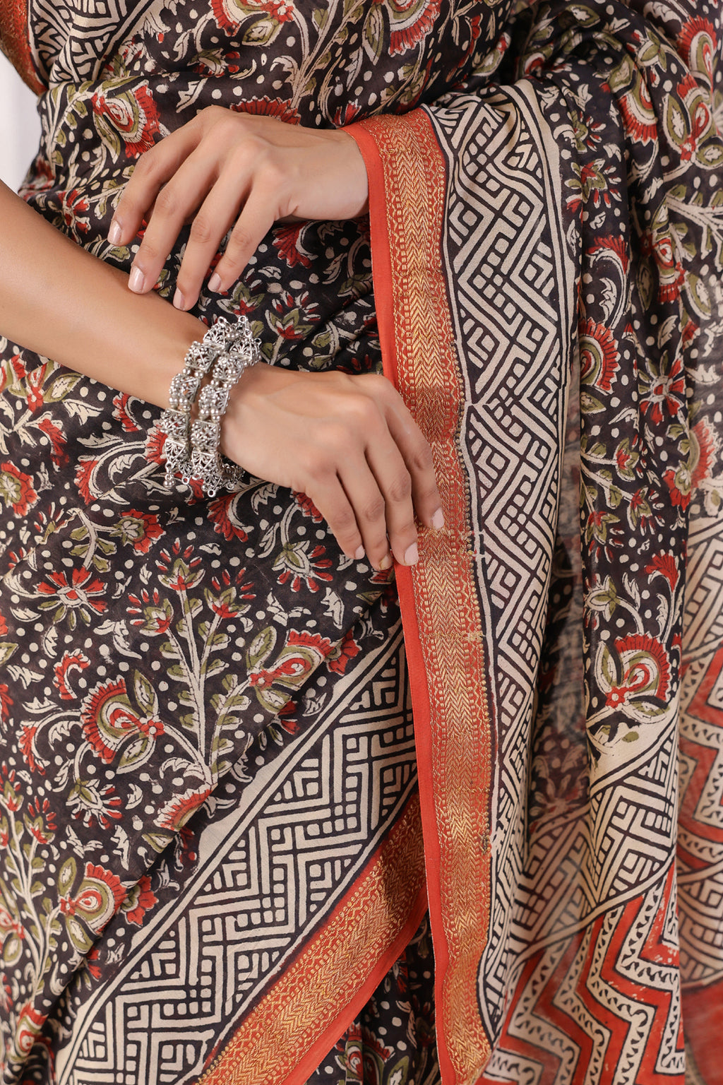 Black Hand Block Printed Bagru Pure Chanderi Sustainable Saree