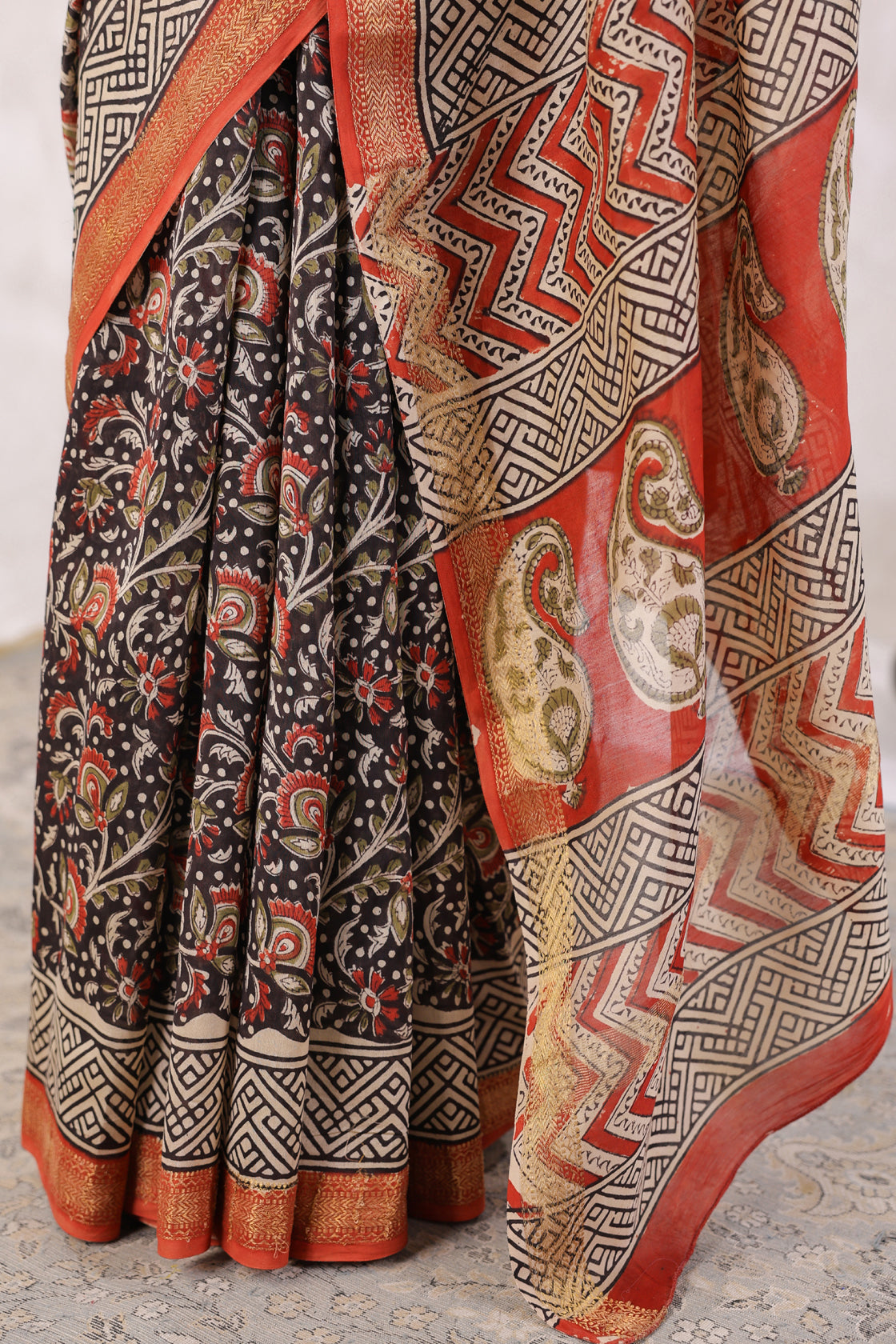 Black Hand Block Printed Bagru Pure Chanderi Sustainable Saree