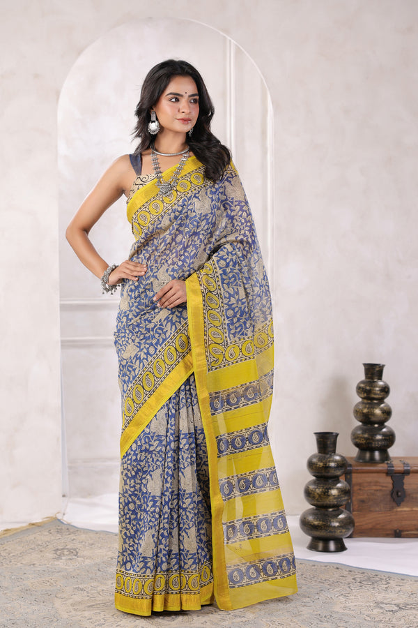 Blue Hand Block Printed Floral Chanderi Silk Saree