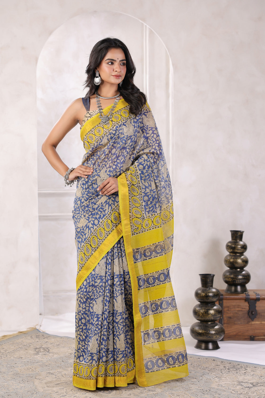 Blue Bagru Hand-Block Printed Chanderi Saree Sustainable