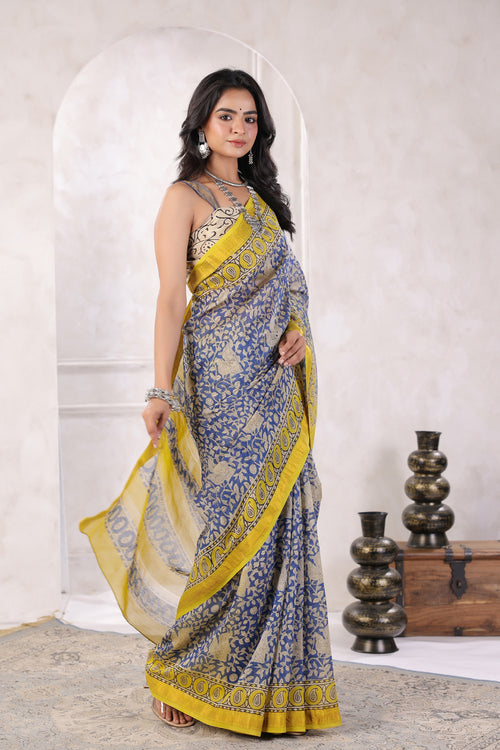 Blue Bagru Hand-Block Printed Chanderi Saree Sustainable