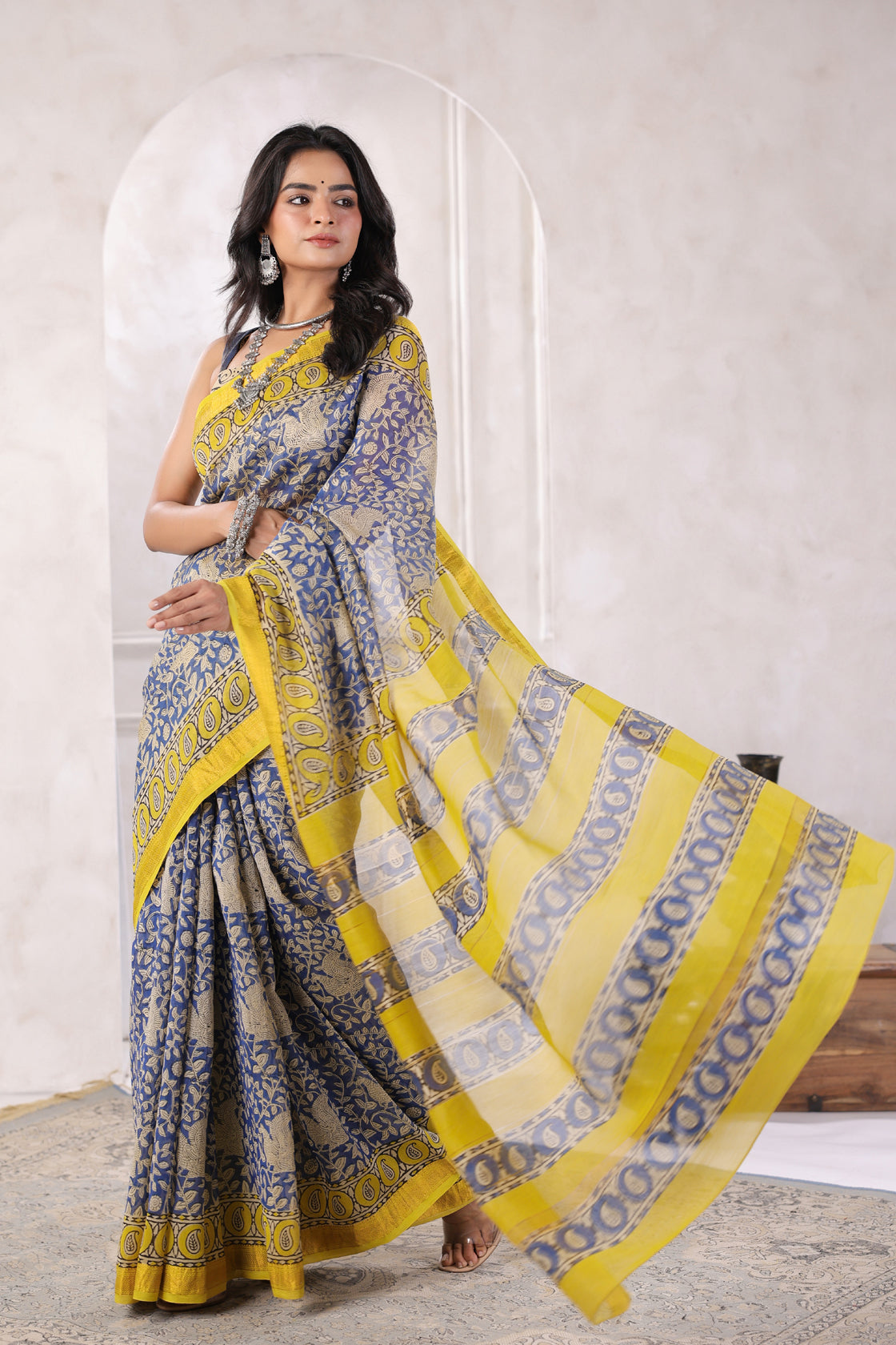 Blue Bagru Hand-Block Printed Chanderi Saree Sustainable