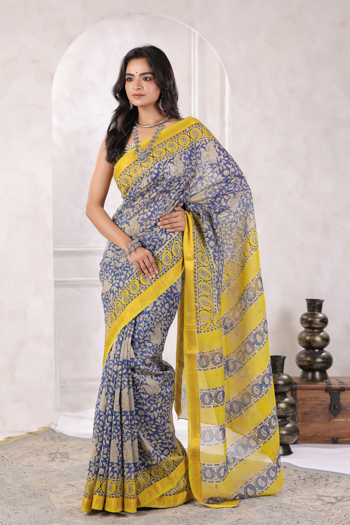 Blue Bagru Hand-Block Printed Chanderi Saree Sustainable